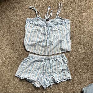 Blue Striped Lace Trim Pajama Set